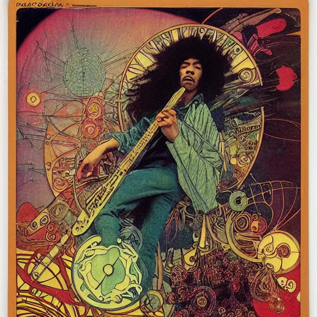 Image similar to polaroid of a vintage record cover by Franklin Booth and Edmund Dulac showing a portrait of Jimi Hendrix as a futuristic space shaman, Alphonse Mucha background, futuristic electric guitar, star map, smoke