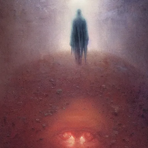 Prompt: a giant face talking to miniscule human, by greg rutkowski + beksinski, atmospheric, cinematic, dramatic colors, horror