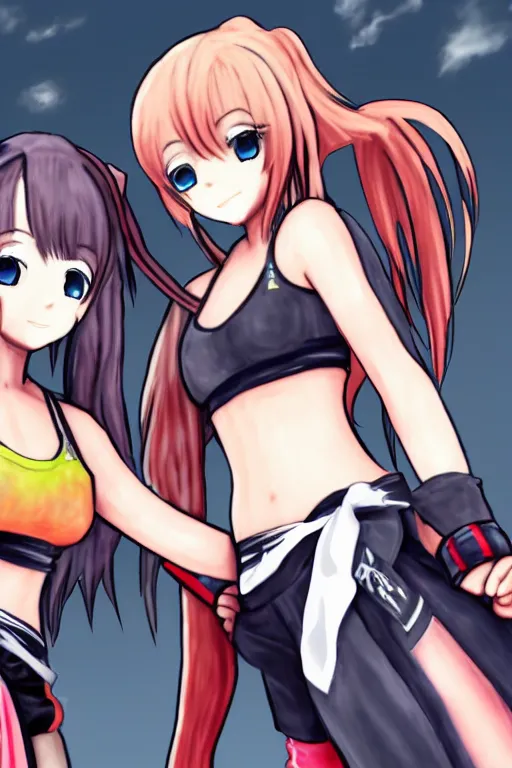 Prompt: two beautiful female fighters with twintails facing each other, detailed anime art