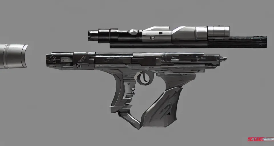 Prompt: extremely detailed realistic side view of a sci fi bullpup laser sniper rifle, scoped, detailed trigger, chemically propelled, massive battery, smooth streamline, battery and wires, railgun, chemrail, gauss, elegant sleek smooth body, white paint, smooth utopian design, ultra high quality, minimalist, octane, cod, destiny, warframe, terminator