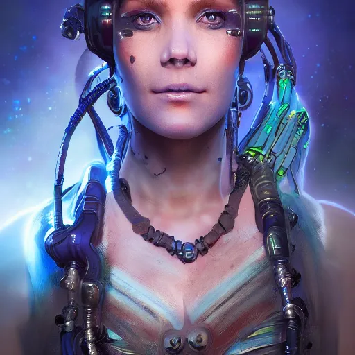 Image similar to detailed portrait of a futuristic sci - fi shaman in an impressive scene. extremely detailed. beautiful lighting. trending on artstation.