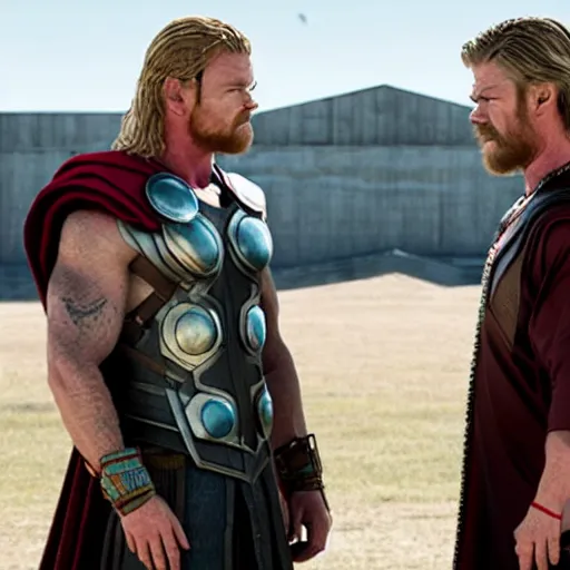 Image similar to Walter White as Chris Hemsworth as Thor, still from Thor Ragnarok