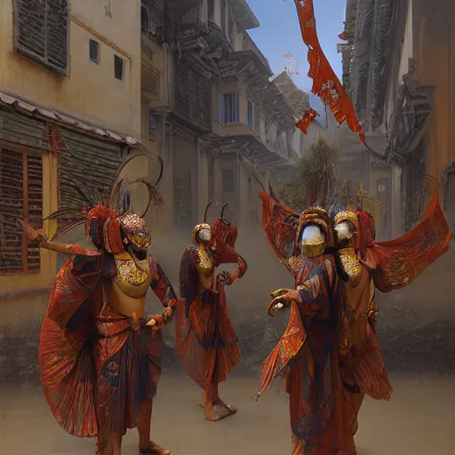 Image similar to study of masked Byzantine Tang Dynasty dancers on the art deco streets of the Undying Empire city of ya-Sattra during the Festival of Masks, award-winning realistic sci-fi concept art by Beksinski, Bruegel, Greg Rutkowski, Alphonse Mucha, and Yoshitaka Amano