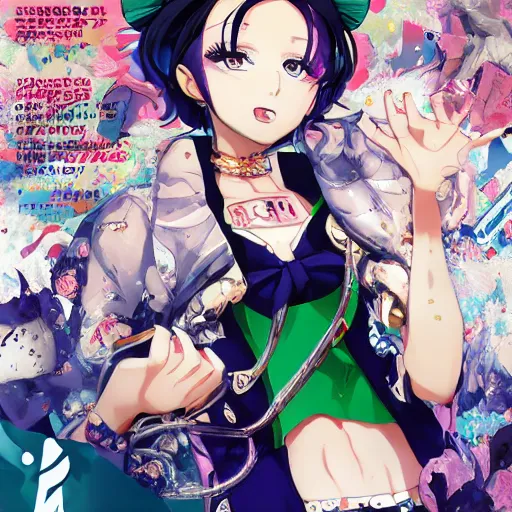 Image similar to Magazine Cover Anime key visual of a Gucci girl; official media; typography; drawn by Hirohiko Araki; Jojo's Bizarre Adventure; Jojolion, portrait, made by Stanley Artgerm Lau, WLOP, Rossdraws, James Jean, Andrei Riabovitchev, Marc Simonetti, Yoshitaka Amano, ArtStation