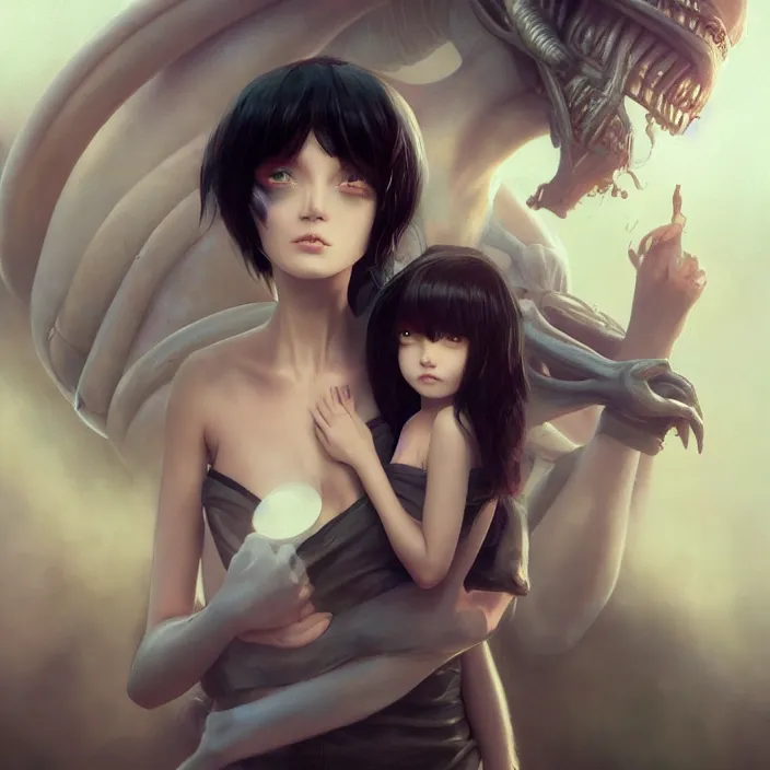 Image similar to alien love - by tom bagshaw, by ilya kuvshinov, rtx rendering, octane render 1 2 8 k, maya, extreme high intricate details by wlop, digital anime art by ross tran, medium shot, close up shot, composition by sana takeda, dramatic lighting by greg rutkowski, 8 k, trending on artstation