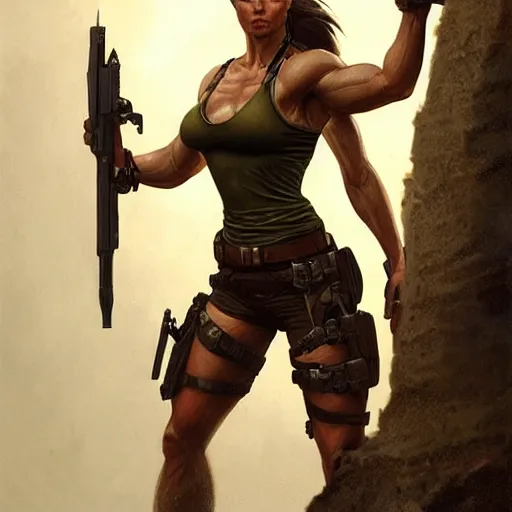 Image similar to detailed portrait of lara croft as a female bodybuilder military officer, fantasy, intricate, elegant, highly detailed, digital painting, artstation, concept art, matte, sharp focus, illustration, art by aenaluck and roberto ferri and greg rutkowski, epic fantasy, digital painting