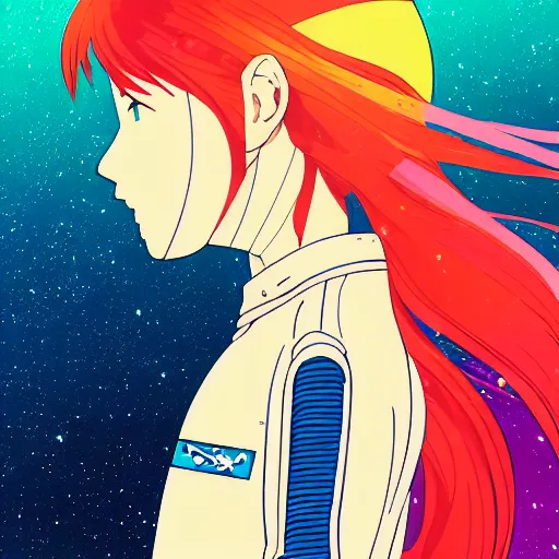 Prompt: portrait of a young astronaut girl with flowing hair, anime, shigeto koyama,jean giraud, manga, bright colors, beautiful, 28mm lens, vibrant high contrast, gradation, cinematic, rule of thirds, great composition, intricate, detailed, flat, matte print, sharp,clean lines, 1980s