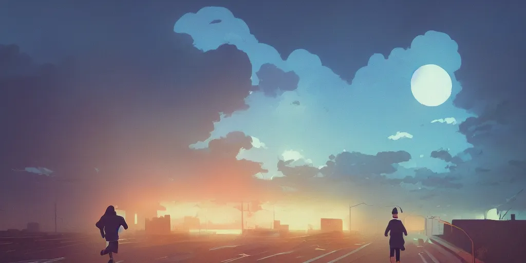 Image similar to Jesus crist running, Portrait, Very Cloudy Sky, Sun, Neon Lights, Subject in Middle, Subject in center, Rule of Thirds, Retrofuturism, Studio Ghibli, Simon Stålenhag