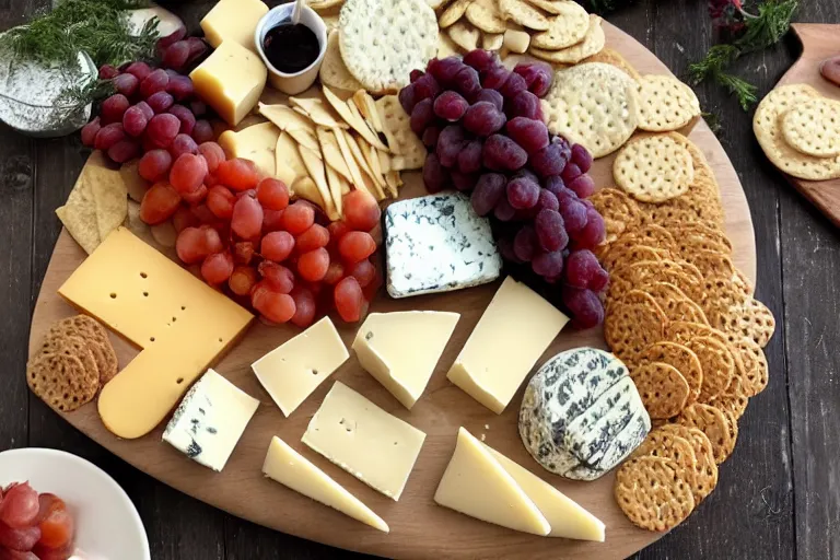 Prompt: A massive cheese platter with crackers