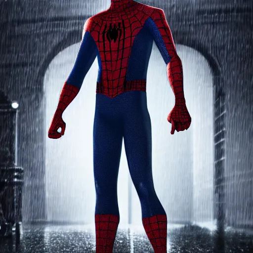 Prompt: Peter Parker as Spiderman , heavy rain ,dramatic, intricate, highly detailed, concept art, smooth, sharp focus, illustration, Unreal Engine 5, 8K
