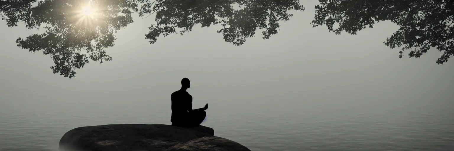 Prompt: the silhouette of a meditating monk sitting in the fog on a stone protruding from the water in the rays of the morning sun, hyper detailed.