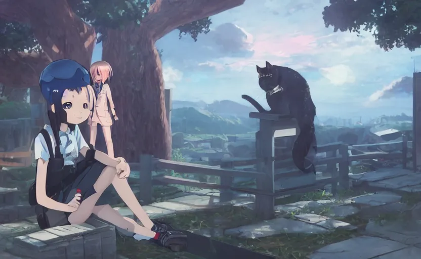 Prompt: a girl in her school uniform holding a shotgun with a cat next to her, epic apocalyptic scenery, an anime scene illustrated by Makoto Shinkai, digital art, 4k ultra