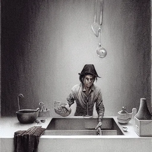 Image similar to Johny Depp washing dishes by Zdzislaw Beksinski