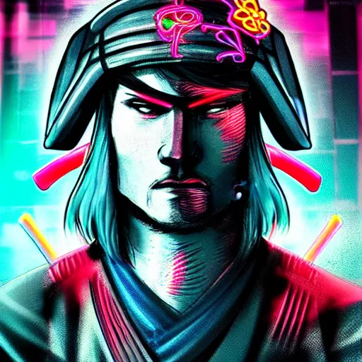 Prompt: neon Samurai. Anime style. Detailed face. Dramatisch lights