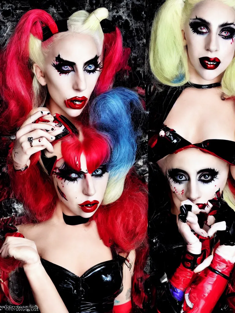 Image similar to dramatic pinup portrait of lady gaga as harley quinn, fashion photography,