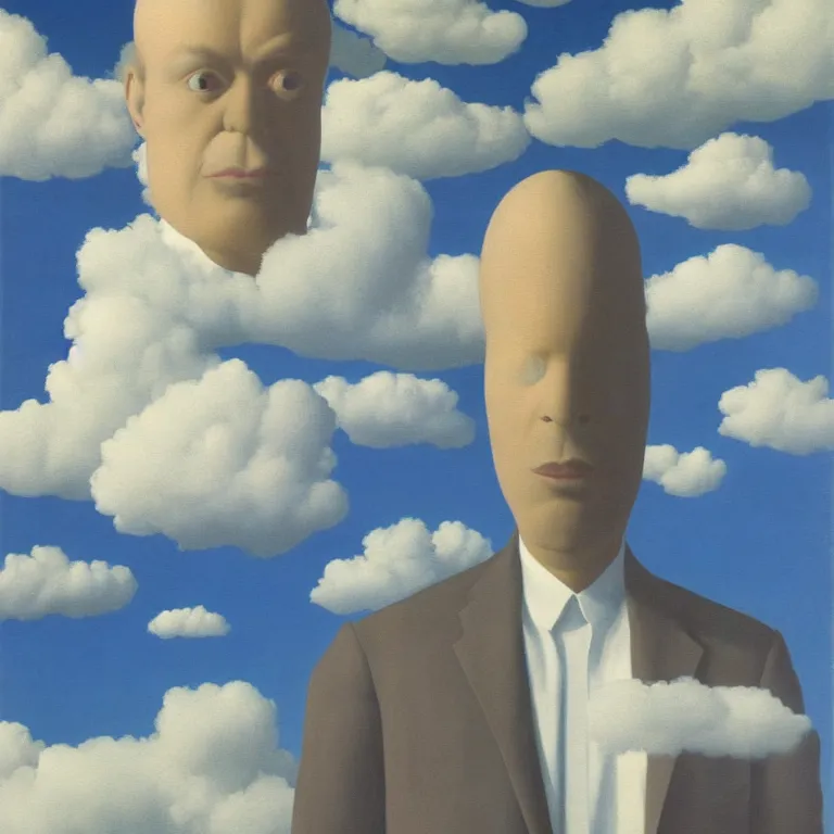 Image similar to cloud - man, by rene magritte, centered, detailed painting, hd, hq, high resolution, high detail, 4 k, 8 k