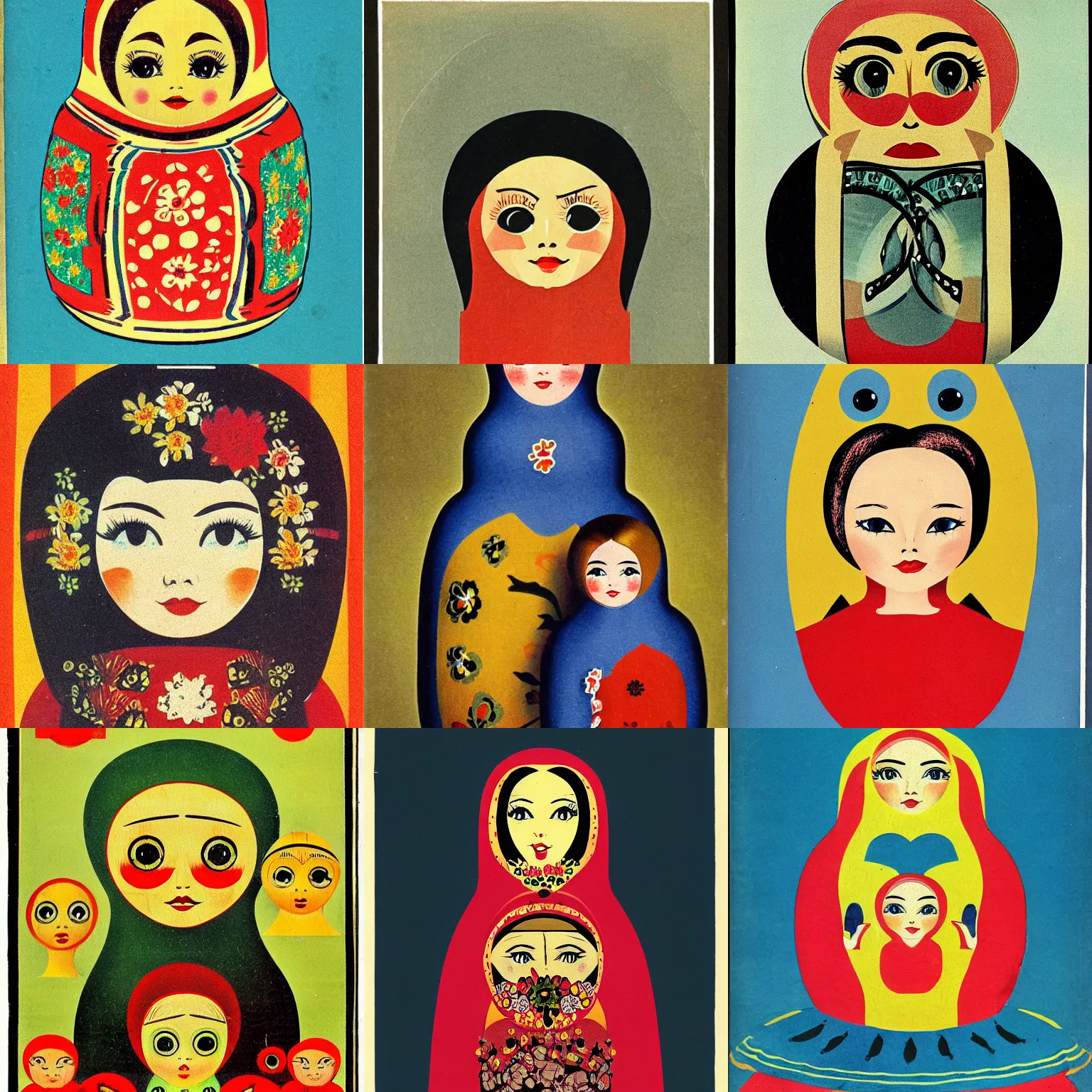 Prompt: matryoshka portrait, vintage magazine illustration 1950