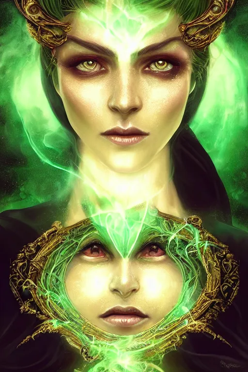 Prompt: a portrait of a beautiful sorceress wearing a black robe with gold embroidery, casting a spell, green glows, painted by artgerm and tom bagshaw, in the style of magic the gathering, perfect face, symmetrical face, highly detailed digital art