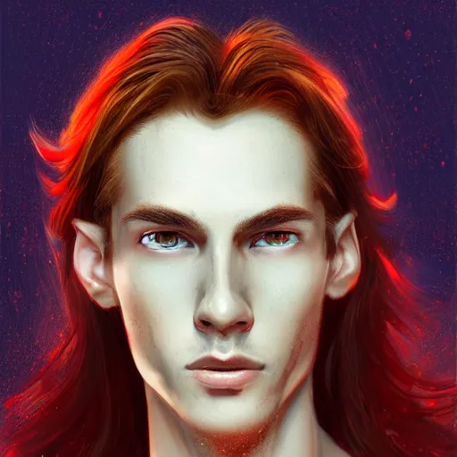 Image similar to portrait of a thin young man with long red hair, ponytail, a lot of freckles on his face, intricate, elegant, glowing lights, highly detailed, digital painting, artstation, concept art, smooth, sharp focus, illustration