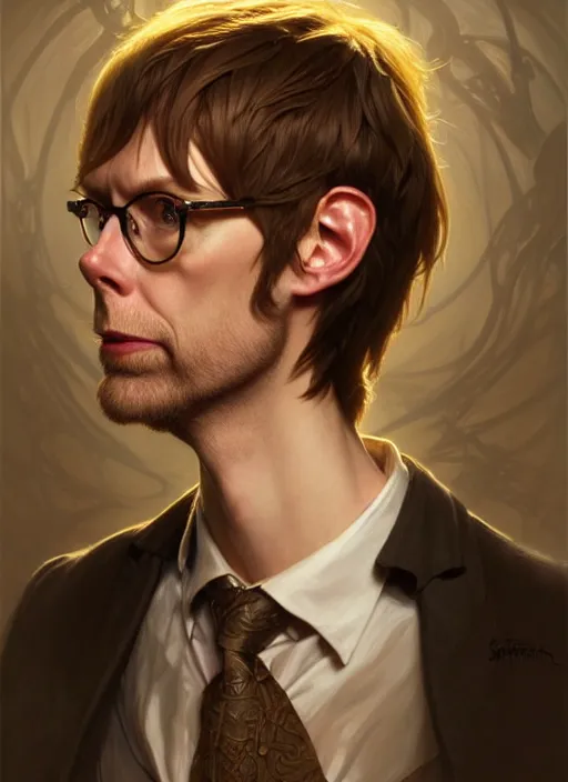 Image similar to portrait of stephen merchant, d & d, lanky! fantasy, intricate, elegant, highly detailed, digital painting, artstation, concept art, smooth, sharp focus, illustration, art by artgerm and greg rutkowski and alphonse mucha