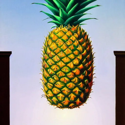 Image similar to the son of man but with a pineapple, painting by rene magritte, high detail, high resolution