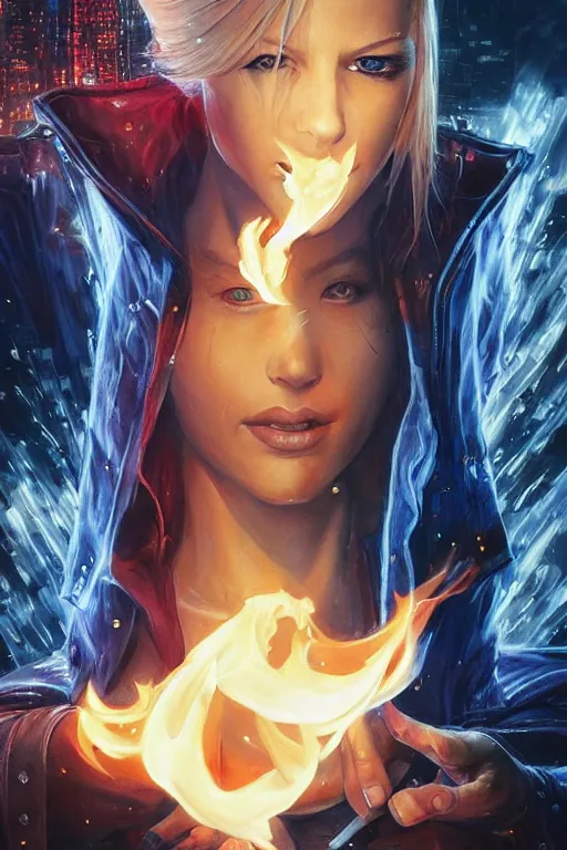 Image similar to wonderful young blonde woman with flames dancing on her hands with a long jacket in a cyberpunk city, realistic, high definition, detailed and symetric face, detailed and realistic hands, expressive eyes, 4 k, shimmering color, art by artgerm ans greg rutkowski and magali villeneuve