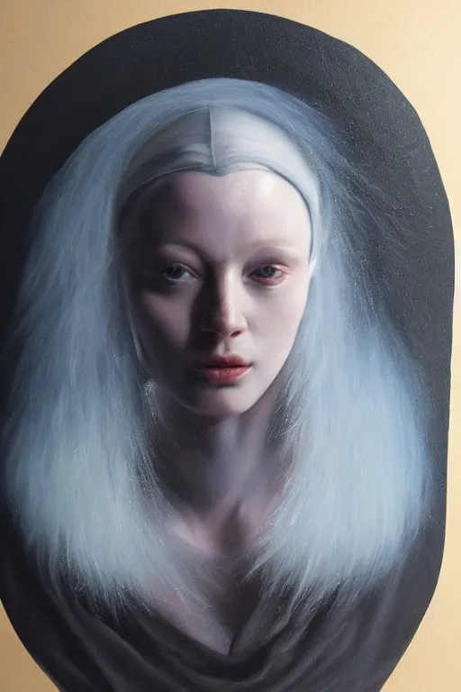 Image similar to hyperrealism oil painting, close - up portrait of albino medieval fashion model, black silk, steel gradient mixed with nebula sky, in style of baroque