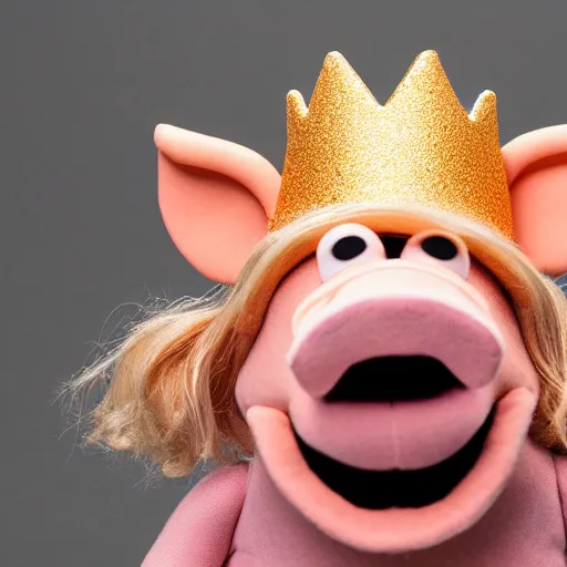 Image similar to studio photograph of a smiling pig depicted as a muppet wearing a gold crown eating pork rind snacks