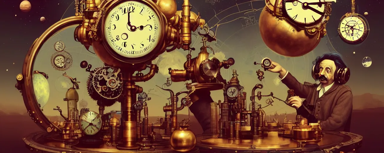 Image similar to duotone steampunk illustration 3 / 4 portrait of albert einstein measuring time on vintage steampunk clock in outer space. golden ratio accidental renaissance. by sachin teng and sergey kolesov and ruan jia and heng z. graffiti art, scifi, fantasy, hyper detailed. octane render. concept art. trending on artstation