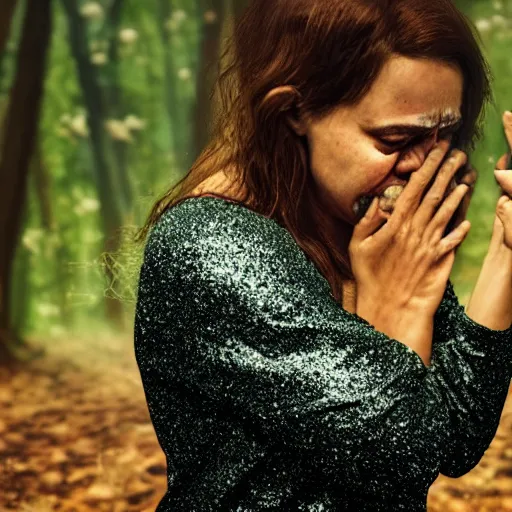 Image similar to a woman crying glittery tears in the woods, photorealistic, 8k, cinematic lighting