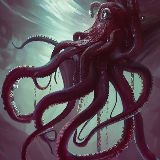 Image similar to an eldritch octopus holding swords in its tentacles, rising up out of water, fantasy art, concept art, illustration, artstation award, atmospheric, dramatic, action, waves