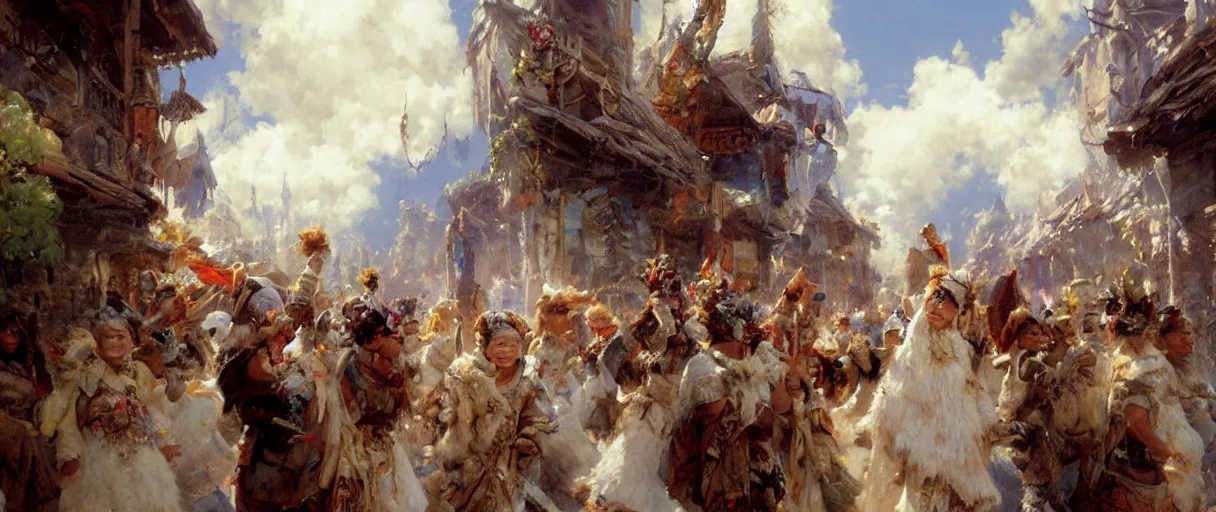 Prompt: cloud tribe villagers celebrating in the streets of their mountain village, white fluffy clothes, cumulus clouds, fantasy splash art by gaston bussiere, craig mullins