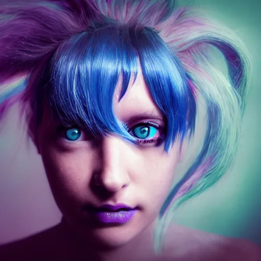 Image similar to portrait of young girl half dragon half human, dragon girl, dragon skin, dragon eyes, dragon crown, blue hair, long hair, By David Lynch