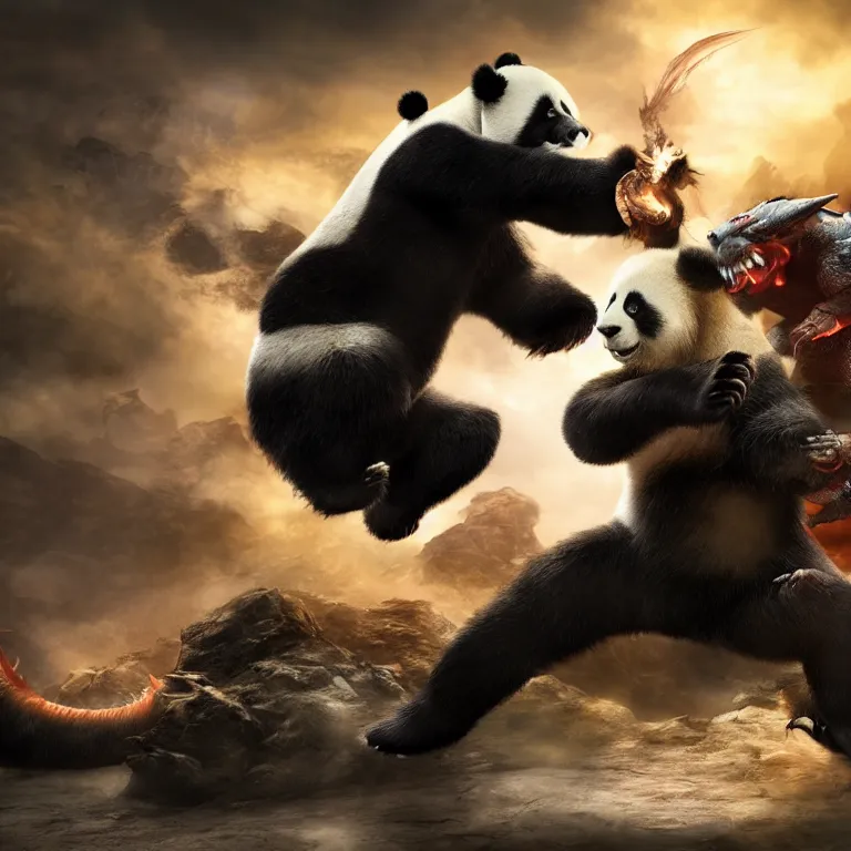 Prompt: Kong Fu Panda fighting a dragon , cinematic lighting, photorealistic image, 8k, ultra detailed, high resolution,