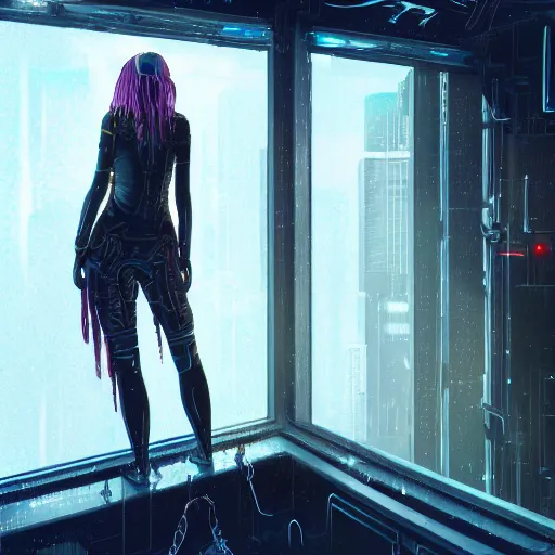 Image similar to portrait of cyberpunk woman looking out of a window, cyberpunk setting, futuristic, highly detailed, intricate lighting, digital painting, sharp focus, illustration, trending on artstation, art by tyler jacobson.