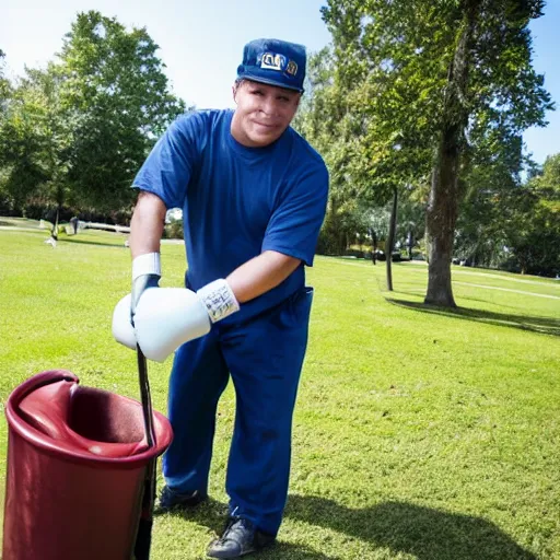 Image similar to janitor at the park, wearing boxing gloves