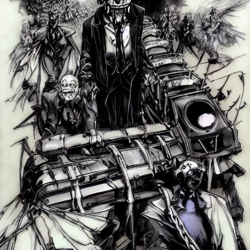 Prompt: horrific nightmare of the death train with the death conductor by godmachine dzo olivier scott fischer yoji shinkawa