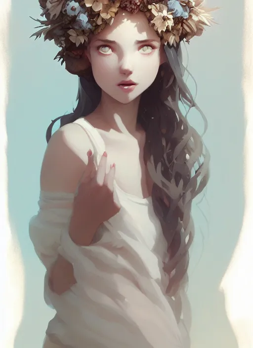 Image similar to portrait of cute nymph girl with crown of flowers, fantasy, by atey ghailan, by greg rutkowski, by greg tocchini, by james gilleard, by joe gb fenton, by in kaethe butcher, dynamic lighting, gradient light blue, brown, blonde cream and white color in scheme, grunge aesthetic