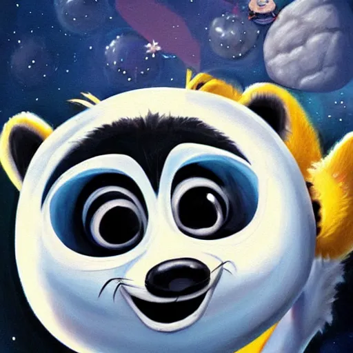 Prompt: painting of an anthropomorphic furry cute baby raccoon astronaut by disney, pixar