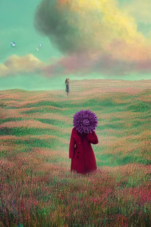 Prompt: portrait, giant flower head, a girl wearing a coat in heather field, surreal photography, wind and cold, dramatic sky, impressionist painting, digital painting, artstation, simon stalenhag