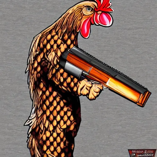 Image similar to chicken dress like rambi fire with a shotgun ultrarealistic