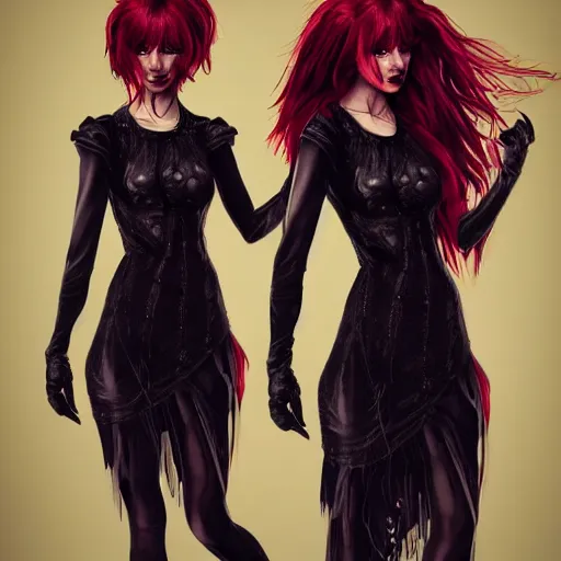 Image similar to twins wearing a gothic dress, full body shot, red hair, highly detailed, digital painting, artstation, concept art, smooth, sharp focus, illustration