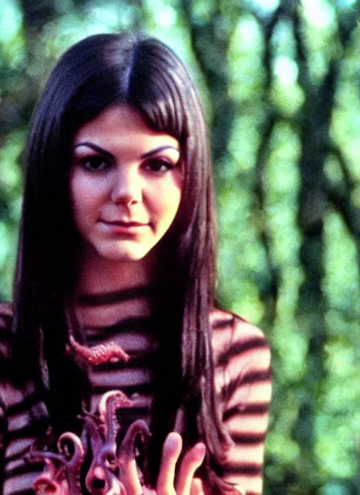 Prompt: 1978 film still from a teen slasher film of Victoria Justice in her school uniform as she is looking at you intensely with seductively disdainful eyes while being consumed by the slimy Octopus God. ultra detailed painting at 16K resolution and epic visuals. epically surreally beautiful image. amazing effect, image looks crazily crisp as far as it's visual fidelity goes, absolutely outstanding. vivid clarity. ultra. iridescent. mind-breaking. mega-beautiful pencil shadowing. beautiful face. Ultra High Definition. process twice.