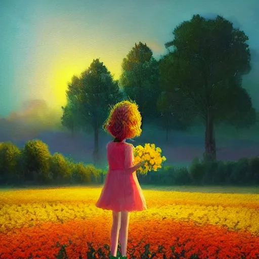 Image similar to girl with giant flower as a face and flower dress, standing in a flower field hills, big trees, sunrise dramatic light, impressionist painting, colorful clouds, digital painting, pointillism, artstation, simon stalenhag