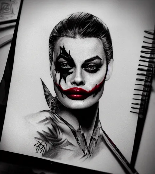 Prompt: tattoo design sketch of beautiful margot robbie portrait with joker makeup, in the style of den yakovlev, realistic face, black and white, realism tattoo, hyper realistic, highly detailed