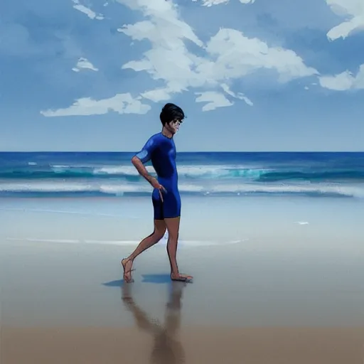 Image similar to Daniel Radcliffe wading in the beach, waist deep in the water, ripples, facing the camera, full shot, wearing blue swimsuit. By Makoto Shinkai, Stanley Artgerm Lau, WLOP, Rossdraws, James Jean, Andrei Riabovitchev, Marc Simonetti, krenz cushart, Sakimichan, trending on ArtStation, digital art. @MarioManiacDude