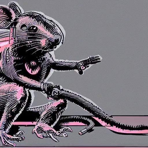 Prompt: a rat cyborg playing with a tb-303 synthesizer