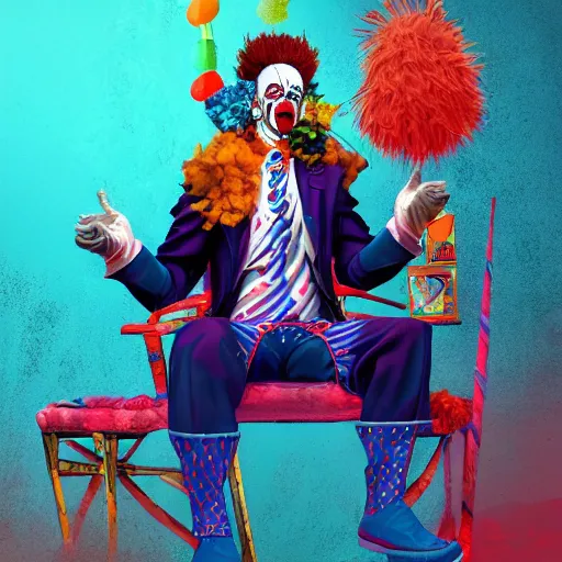 Prompt: hunter biden wearing bizarre clown makeup, and intricate clown costume, sitting on a throne in a abandoned drug den, by rossdraws, vivid colors, studio lighting, digital artwork, uhd, best of artstation