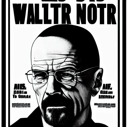 Prompt: walter white in an old noir film poster, movie advertisement poster, black and white