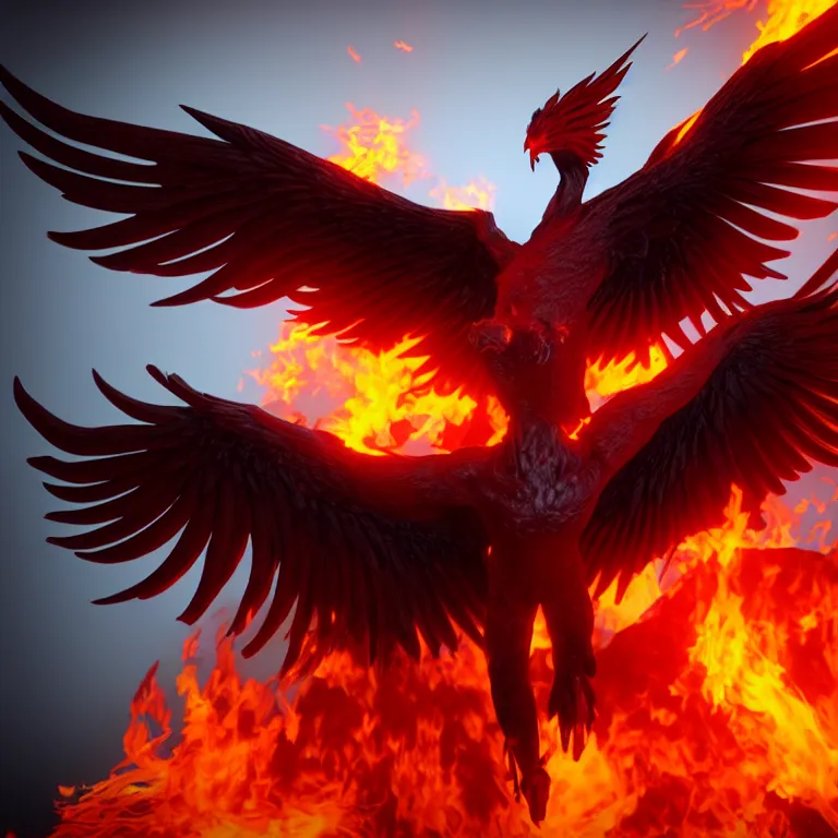 Prompt: phoenix with with flamimg wings, 3 d render, 3 d rendered, hdr, unreal engine 5, ray tracing, dynamic lighting, flame colors, black gradient background, high detail,